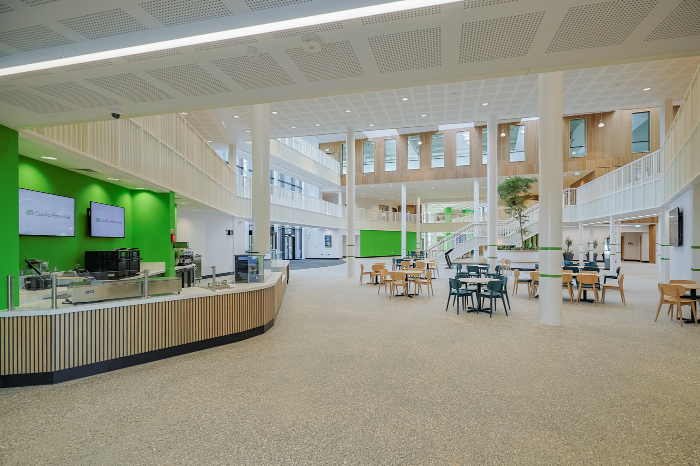 Cafe to the left and sitting area